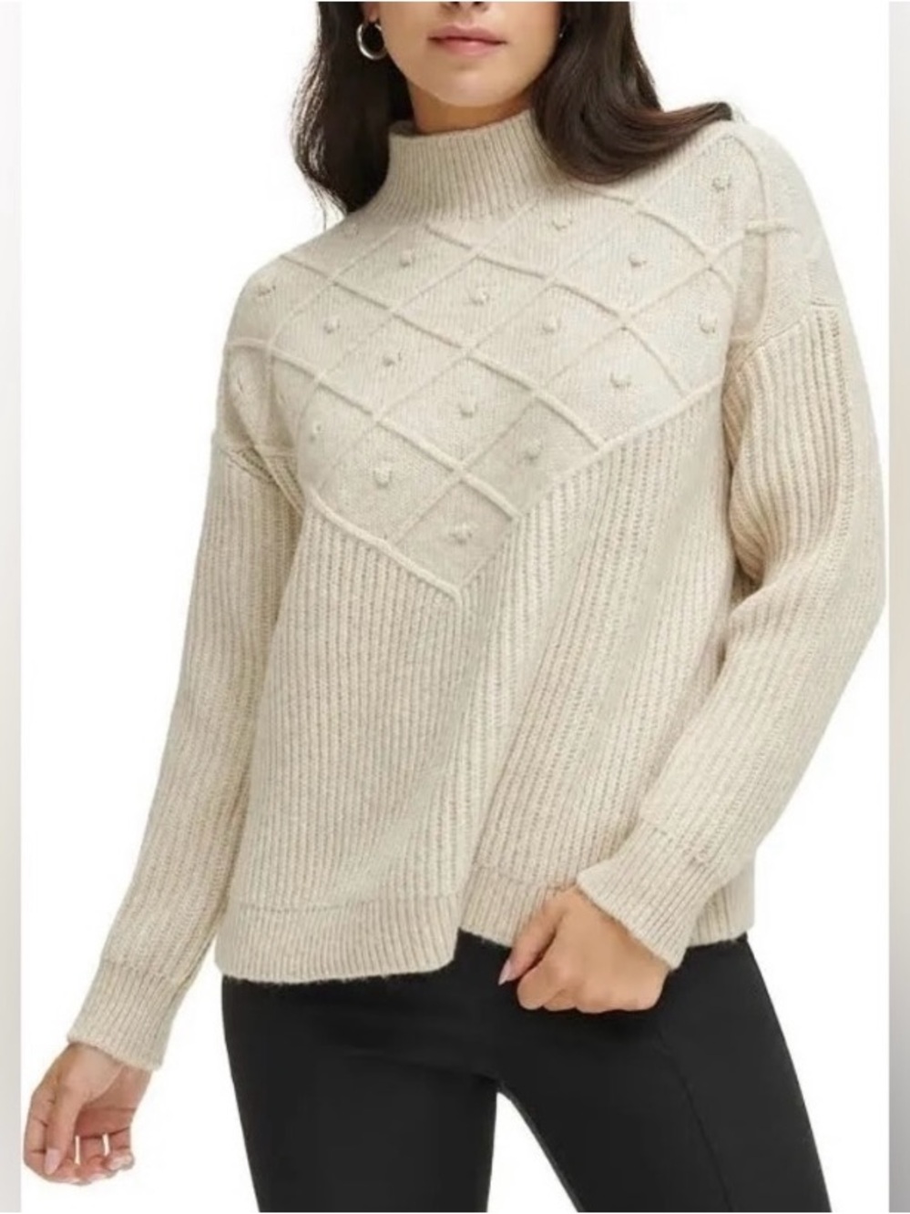 Calvin Klein Cream Bobble Diamond-Pattern O-neck Sweater in Size XL - super cozy